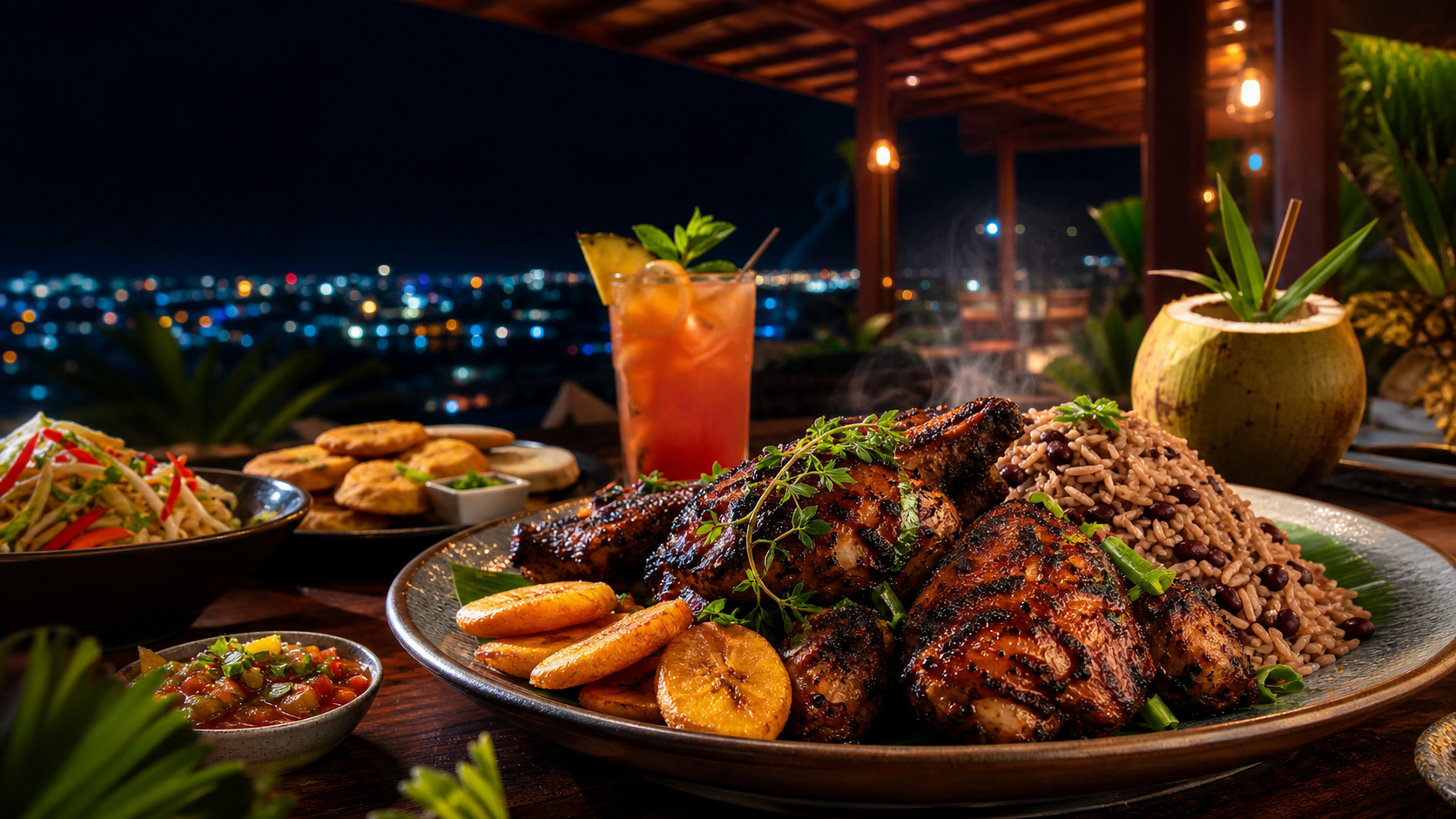 Jerk chicken, rice and peas, plantains, and tropical drinks on a warm restaurant table